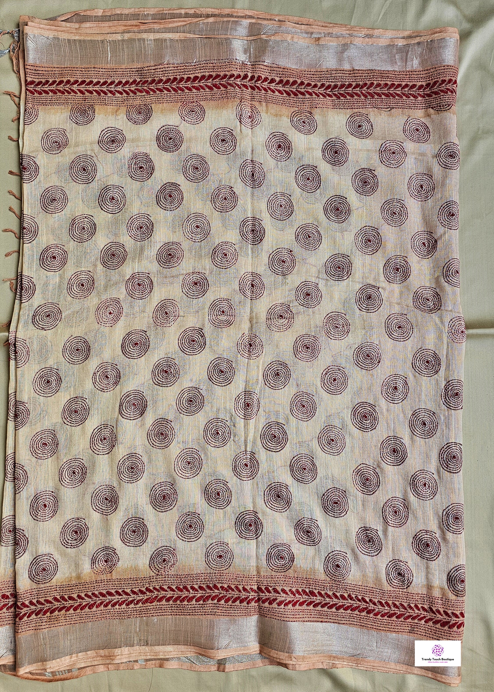 kantha handembroidered designer ivory and beige linen saree with blouse piece best price for office, casual and wedding wear.