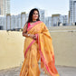 Muga cotton banarasi soft and lightweight puja, wedding and special ocassion casual wear saree yellow and pink with blouse piece best price