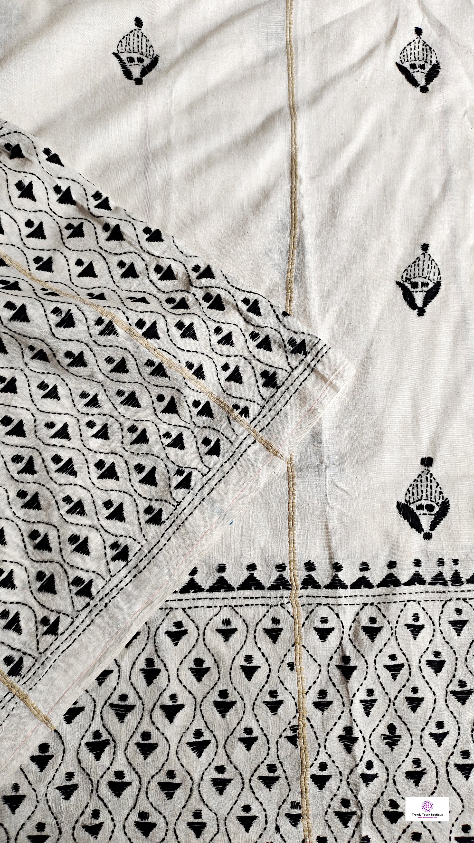 white black kantha work khesh cotton handloom saree for office and festive wear special ocassion with blouse piece and best price