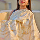 ivory off white jaal work handwoven banarasi silk saree with blouse piece wedding season special party wear bengali saree best price shop online