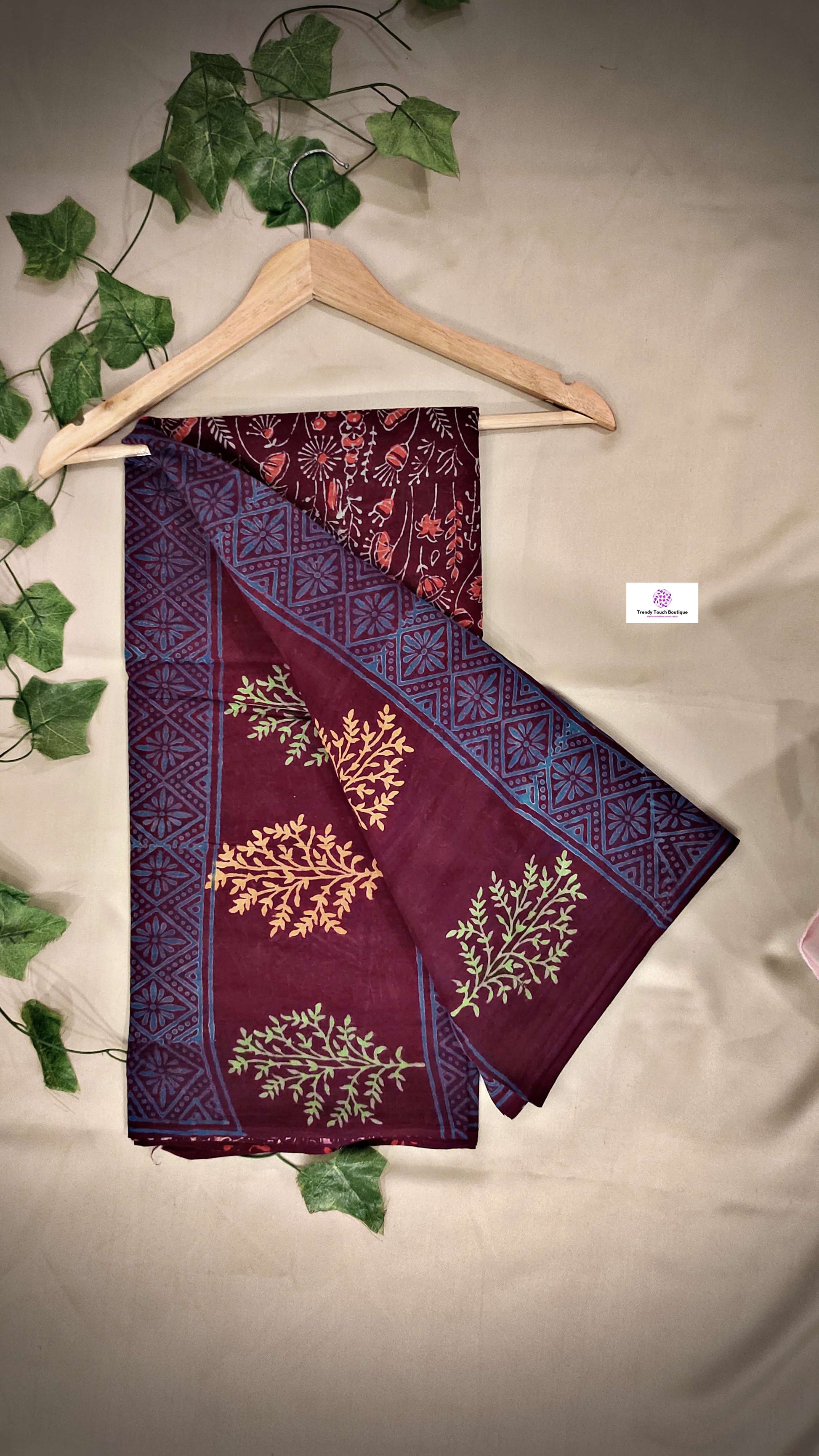 handblock print mulcotton saree 1799 shop online best prices maroon saree