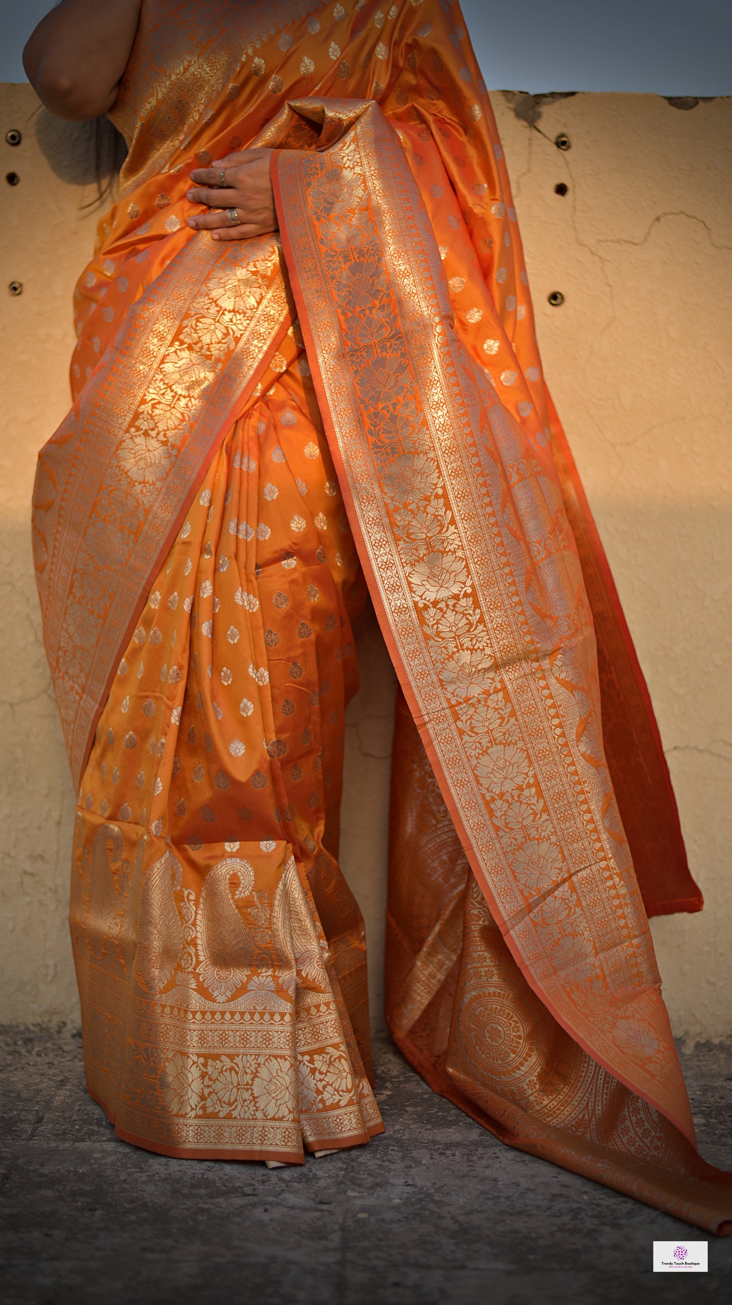 Banarasi silk saree bridal wedding gift partywear ochre orange color best price online