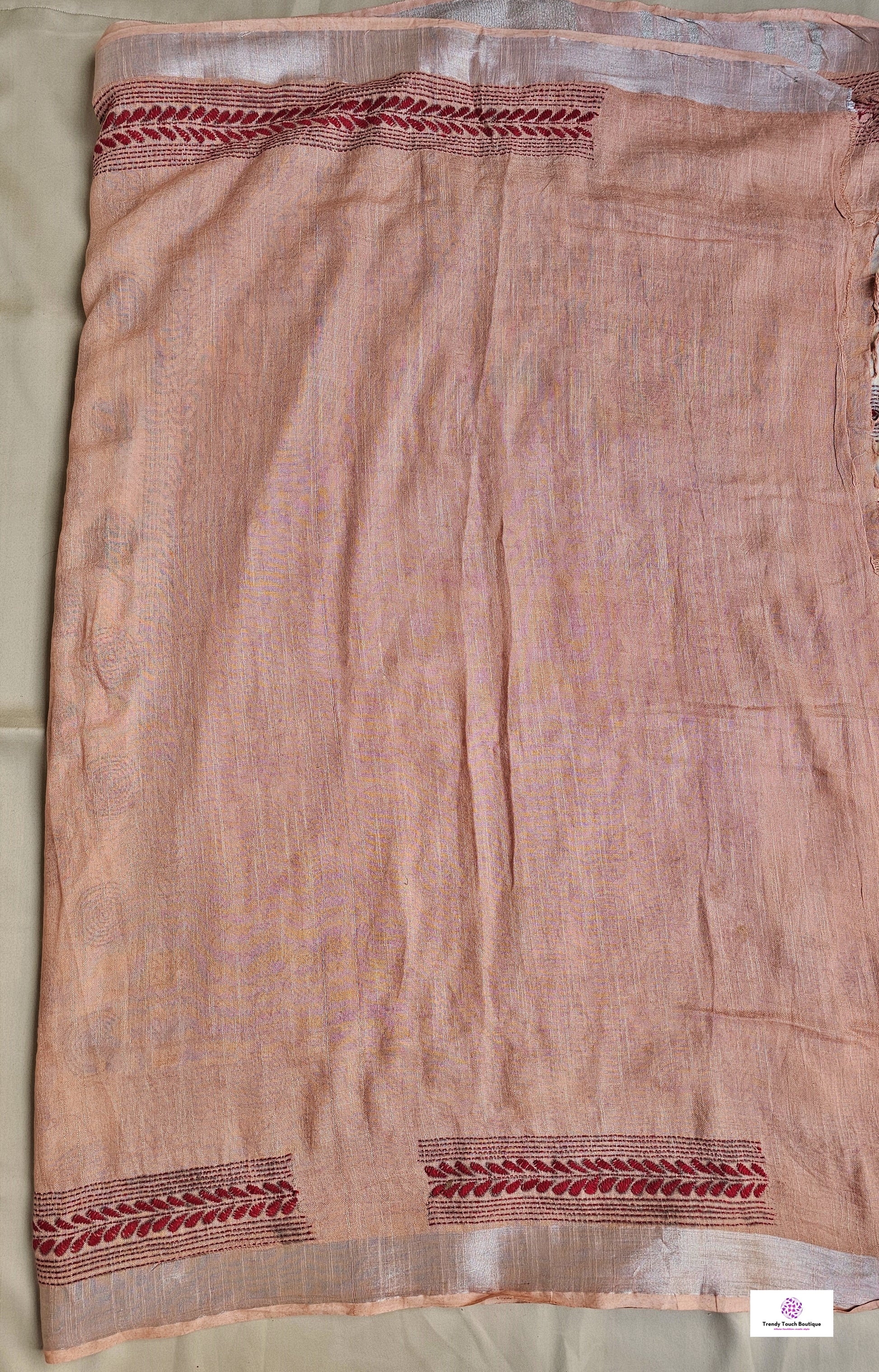 kantha handembroidered designer ivory and beige linen saree with blouse piece best price for office, casual and wedding wear.