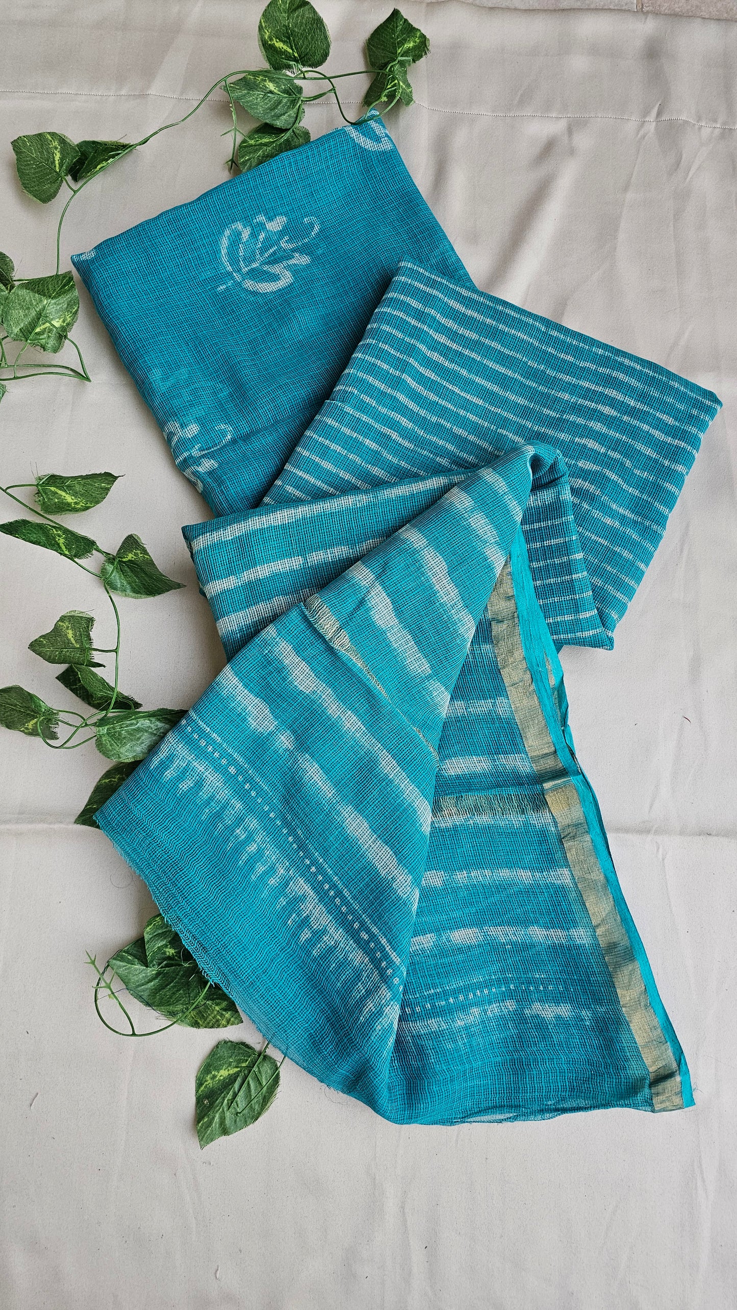 Handblock print Kota doria lightweight teal green office wear zari border saree 