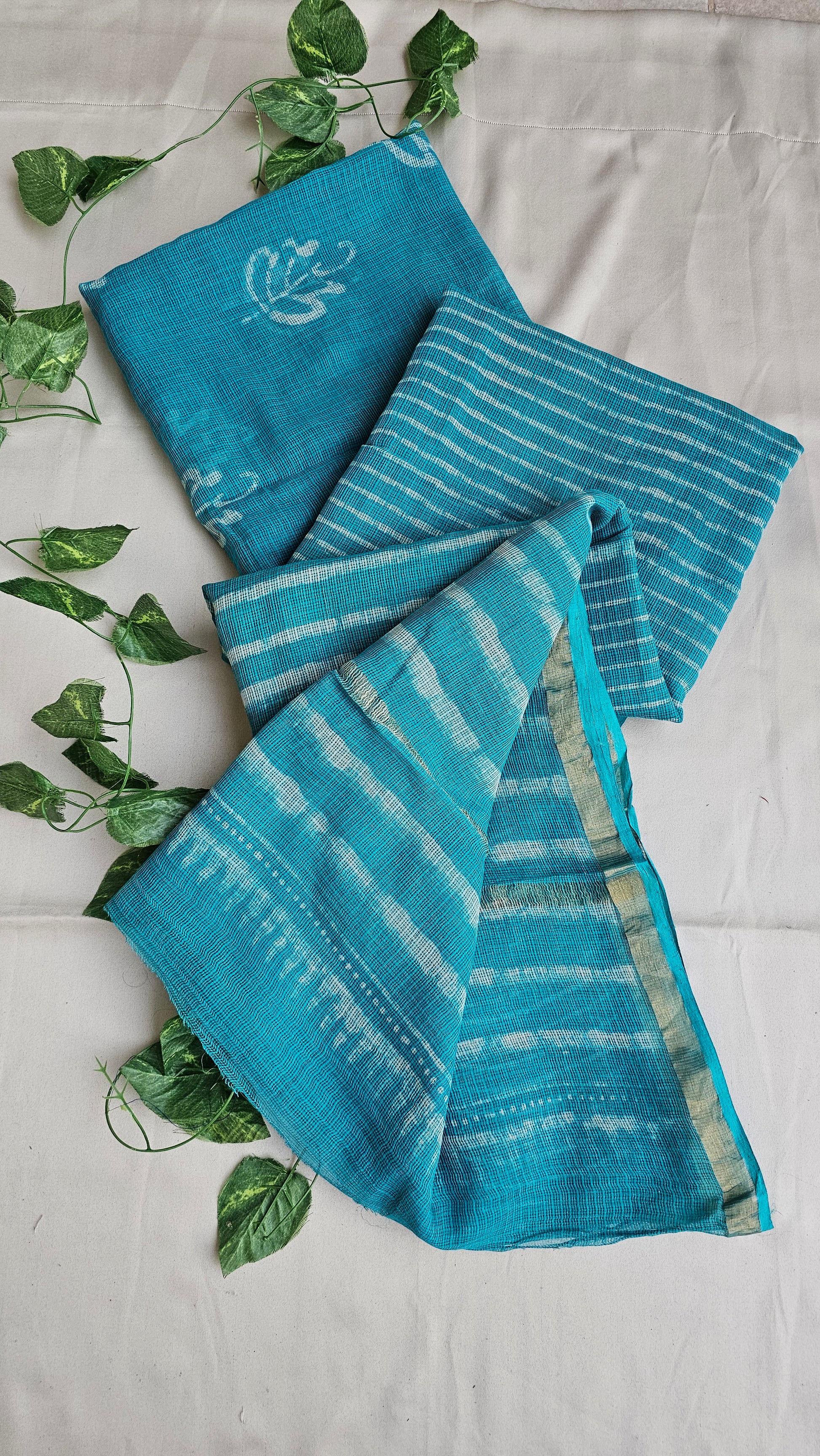 Handblock print Kota doria lightweight teal green office wear zari border saree 