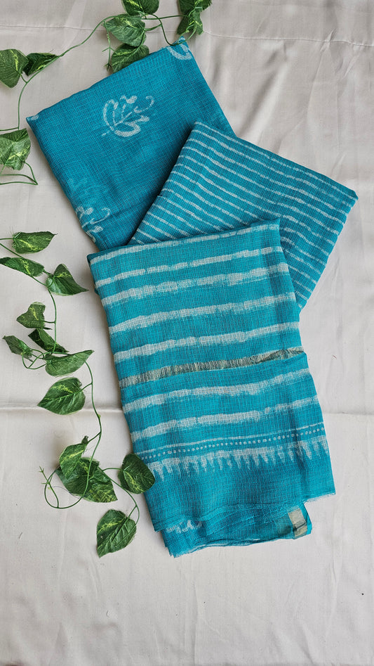 Handblock print Kota doria lightweight teal green office wear zari border saree 