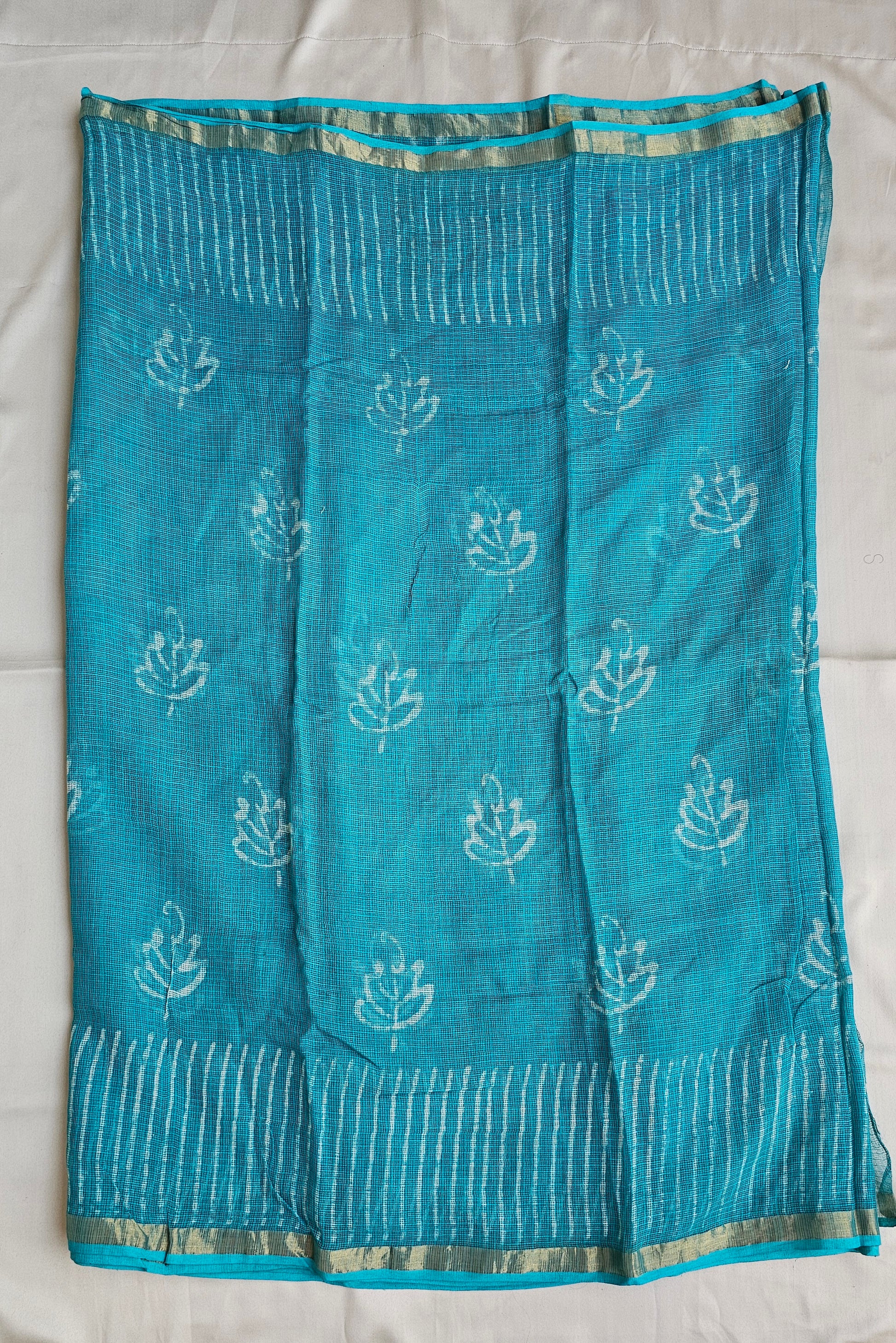 Handblock print Kota doria lightweight teal green office wear zari border saree 