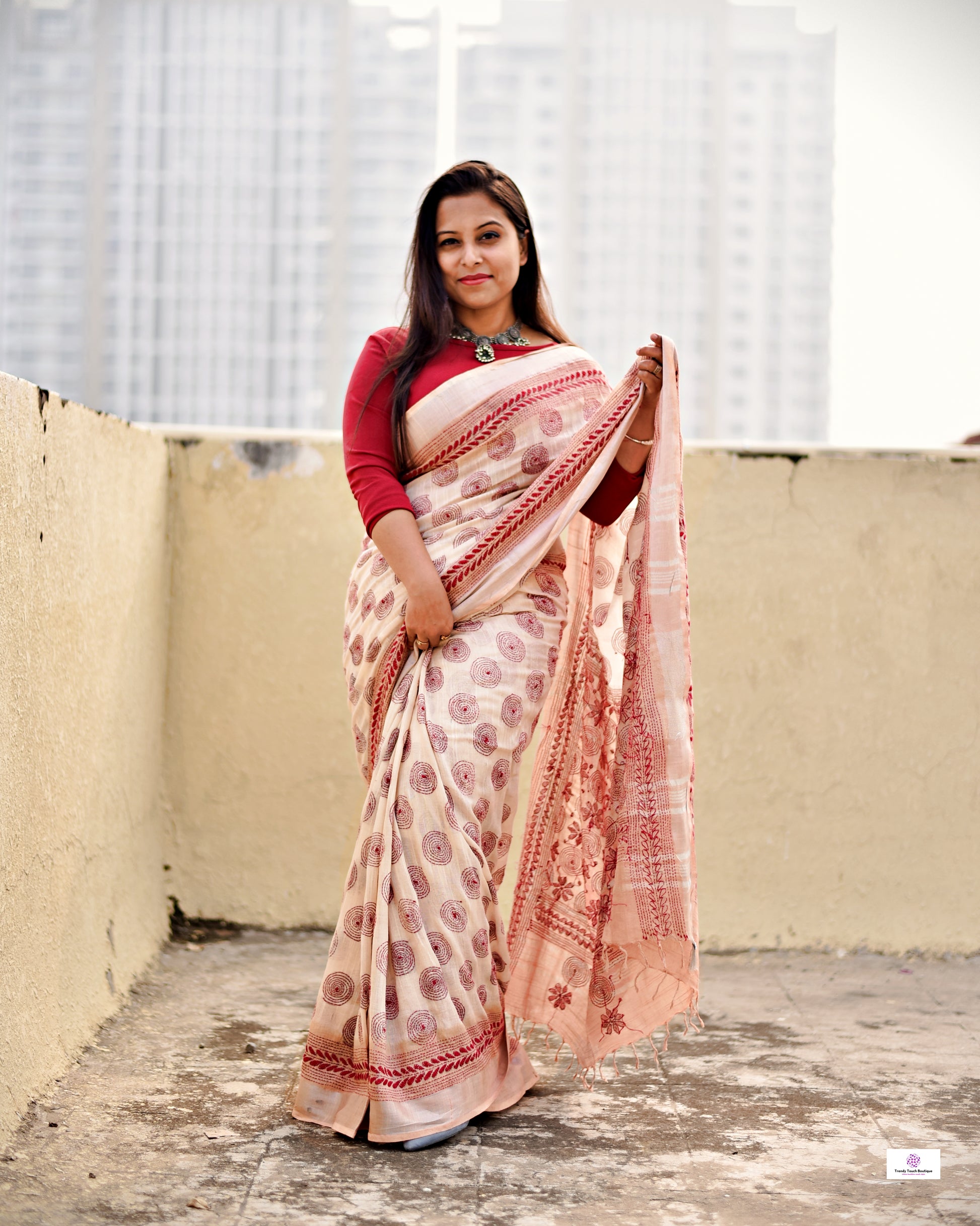 kantha handembroidered designer ivory and beige linen saree with blouse piece best price for office, casual and wedding wear.