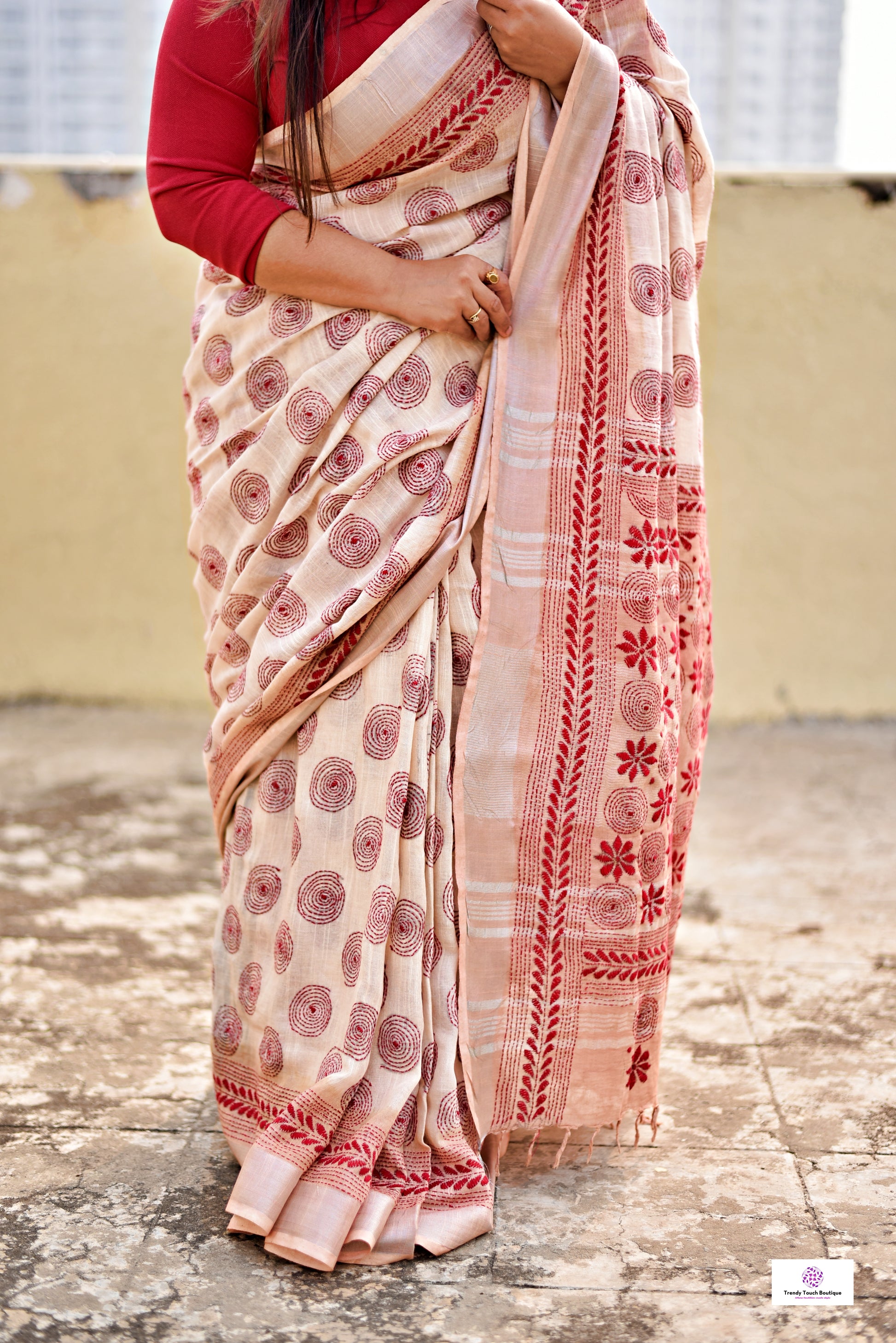 kantha handembroidered designer ivory and beige linen saree with blouse piece best price for office, casual and wedding wear.