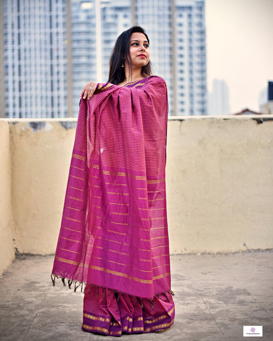 Check cotton silk Gadwal magenta and muthukattam saree south silk saree with running blouse piece soft festive wear saree office wear saree best price 