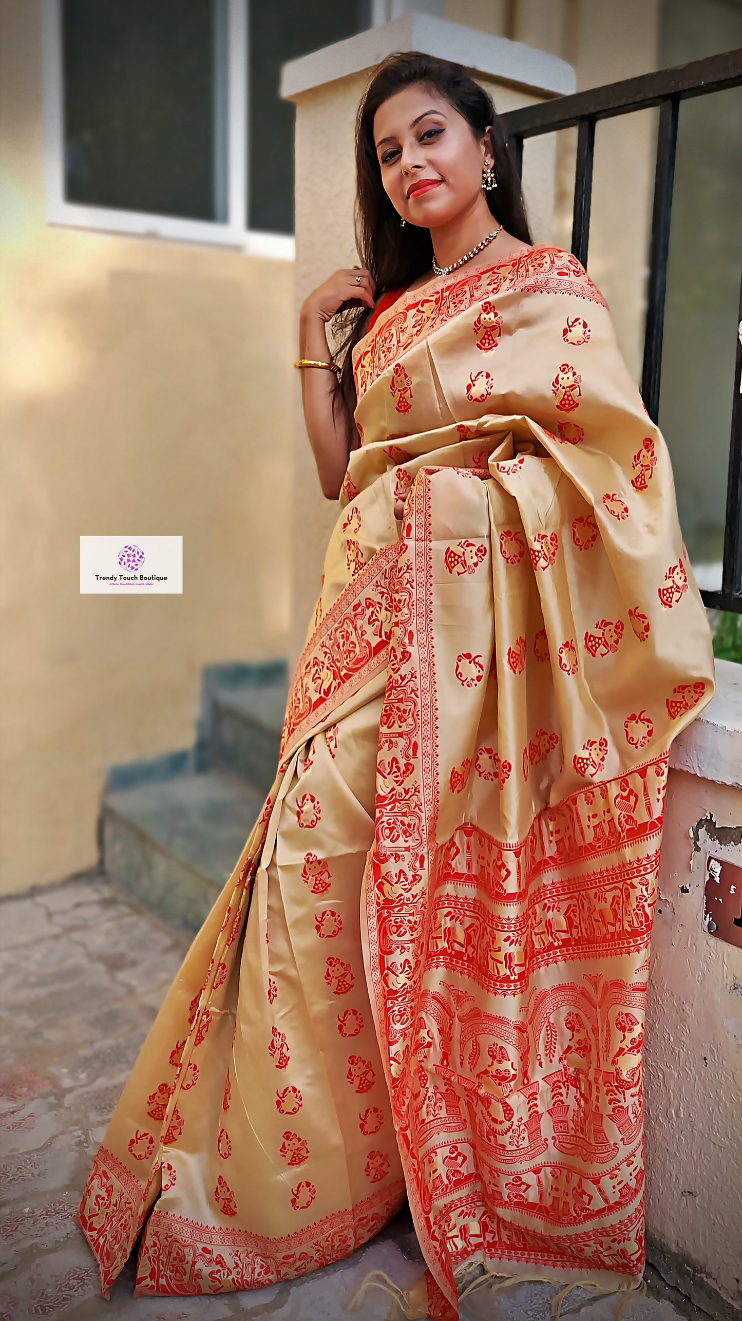 Baluchari Silk for bridal wear Baluchari Silk saree beige chandan ivory red traditional silk rama sita motif wedding function party wear celebration affordable price online with blouse piece