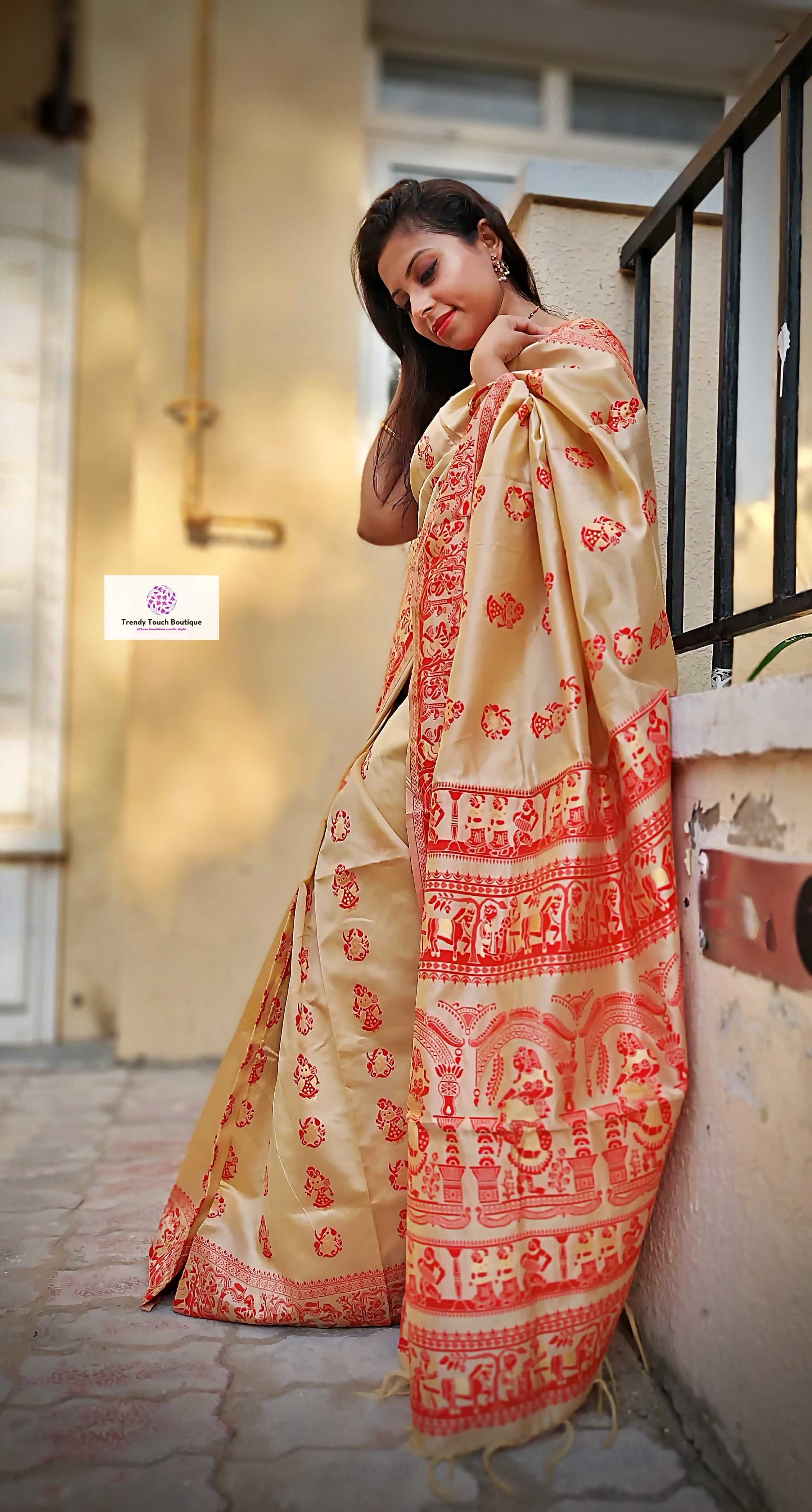 6.3 m (with blouse piece) Wedding Baluchari Silk Saree of golden shade