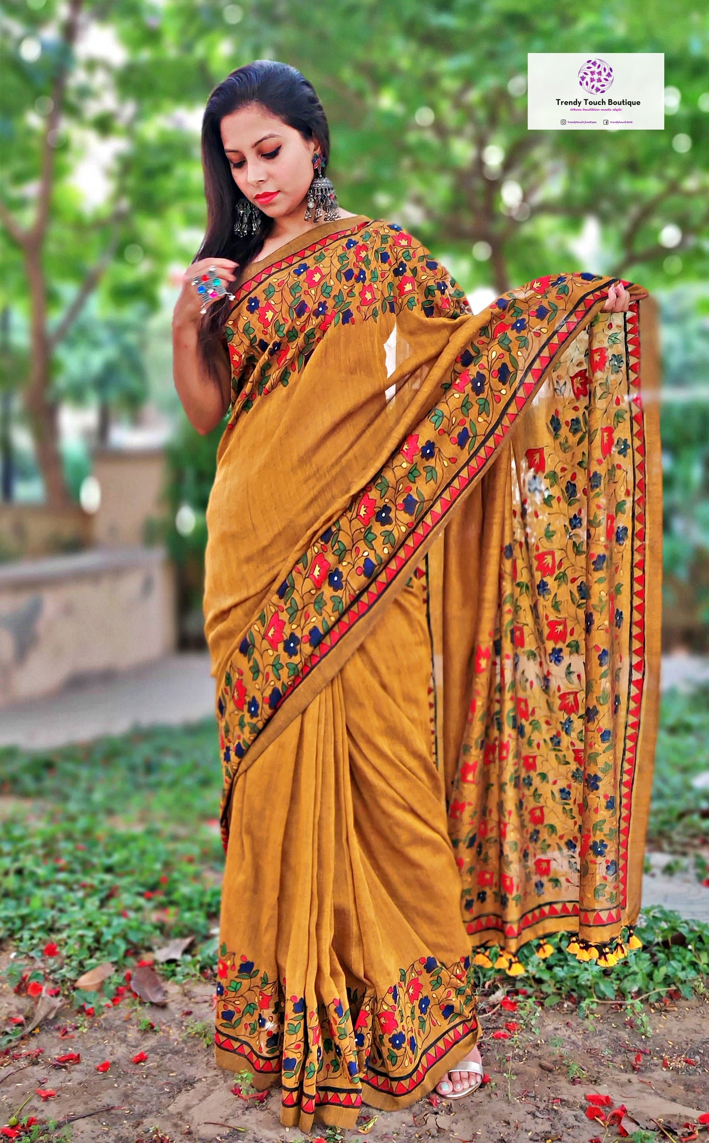 Floral design handpainted cotton saree