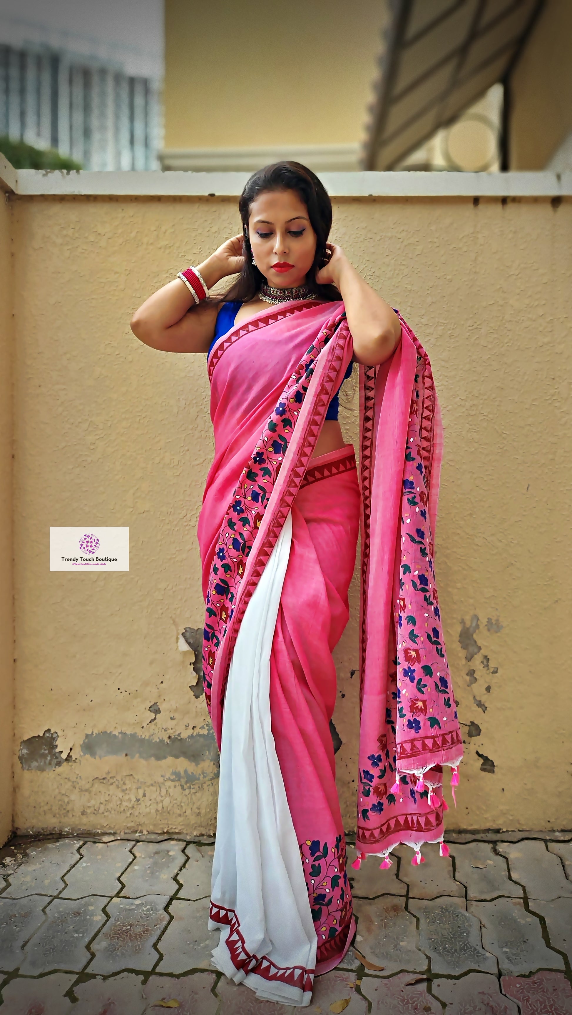 Handpainted Pink cotton saree