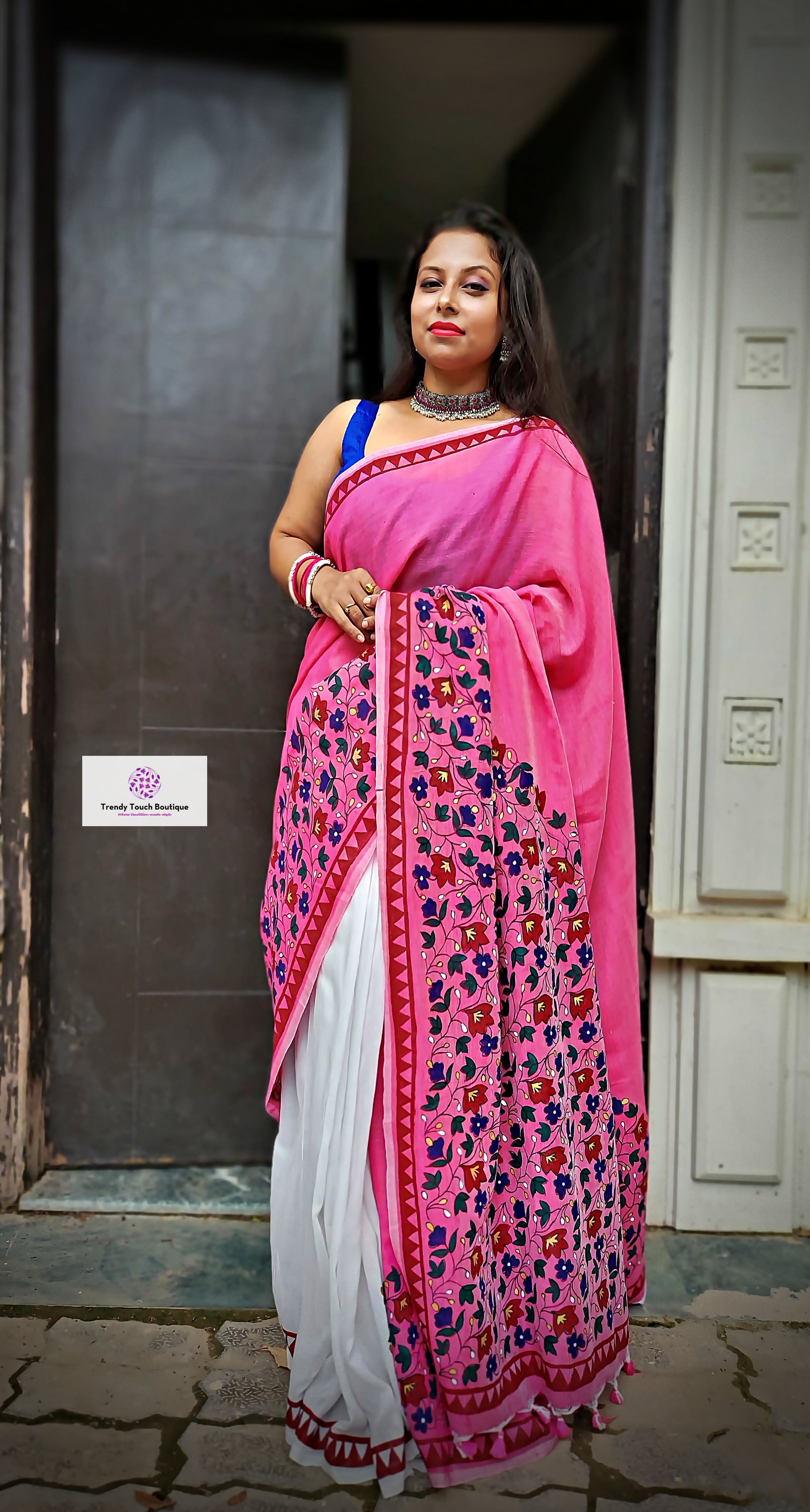 Floral design handpainted pure cotton saree at best price