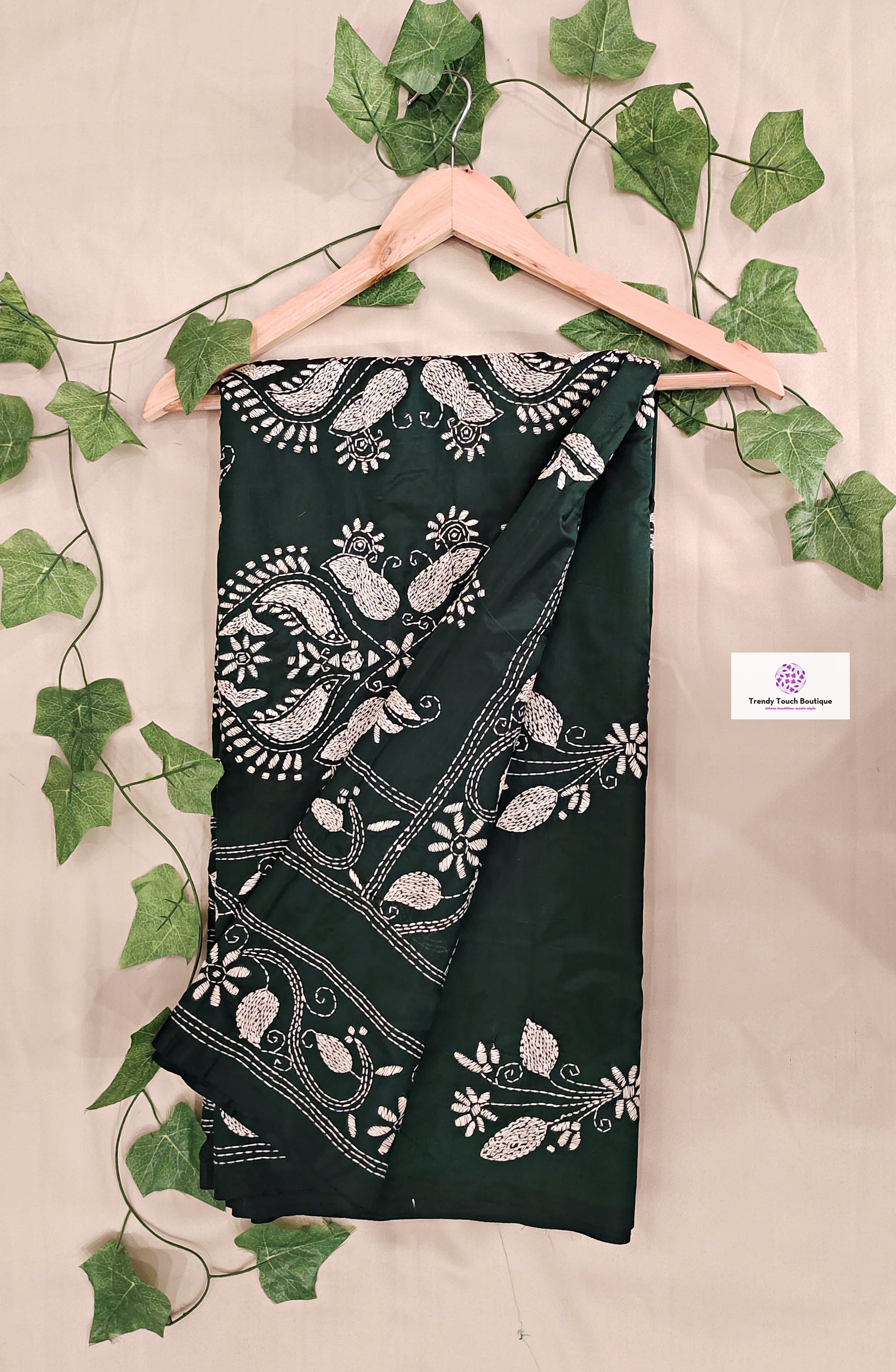 Kantha Stitch Work hand embroidered Green Designer Soft Blended Bangalore Silk Saree best price new design festive fashion wedding party wear marriage function special occasion with blouse piece