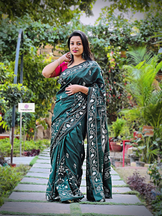 Kantha Stitch Work hand embroidered Green Designer Soft Blended Bangalore Silk Saree best price new design festive fashion wedding party wear marriage function special occasion with blouse piece