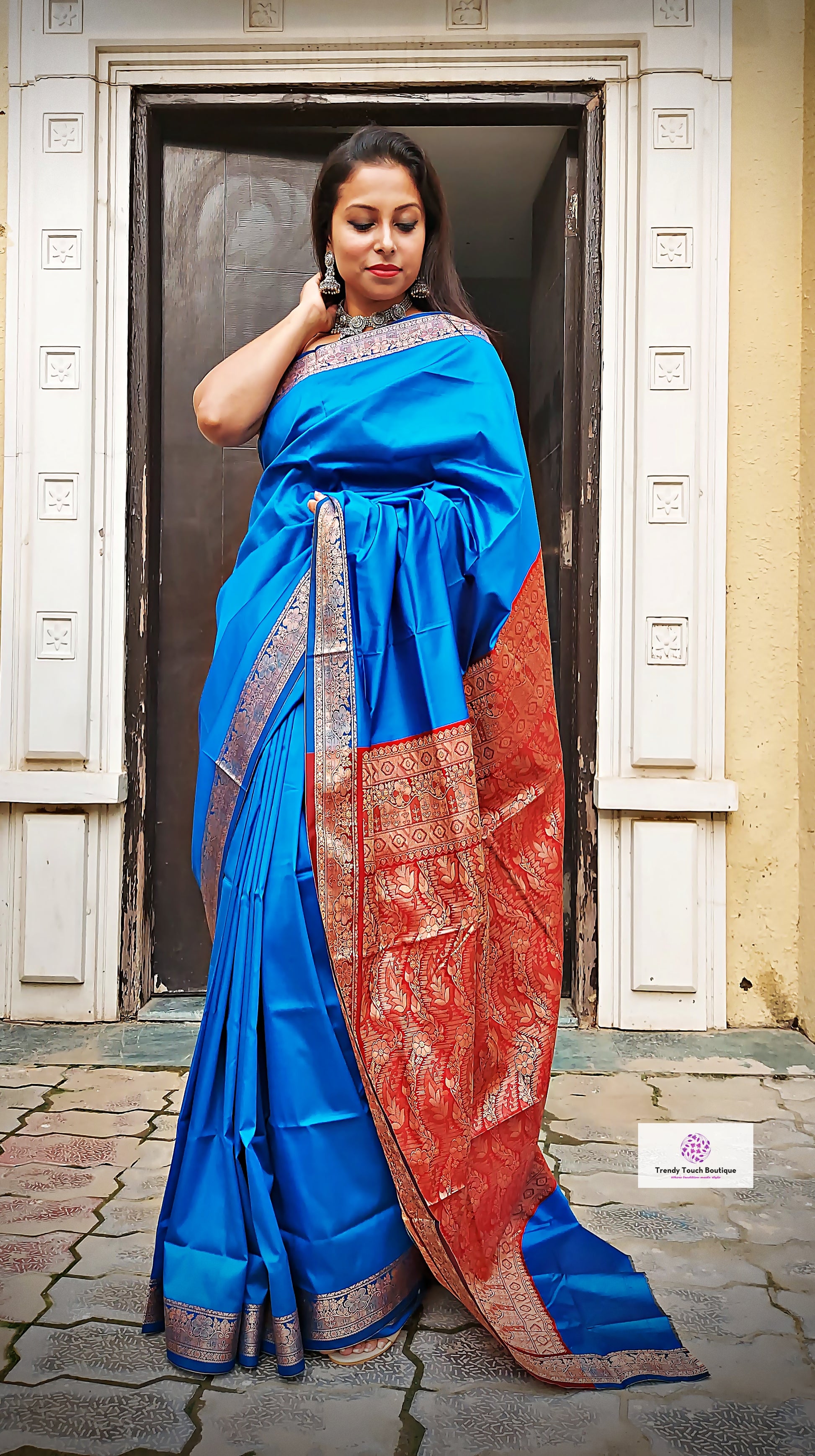 bridal lightweight sarees for gifting semi katan silk blue and red color perfect for bridal trousseau diwali gifts sarees for marriage wedding functions