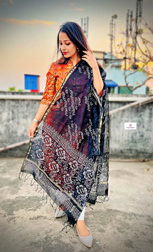 EBONY - HANDBLOCK PRINT- CHANDERI SILK DUPATTA