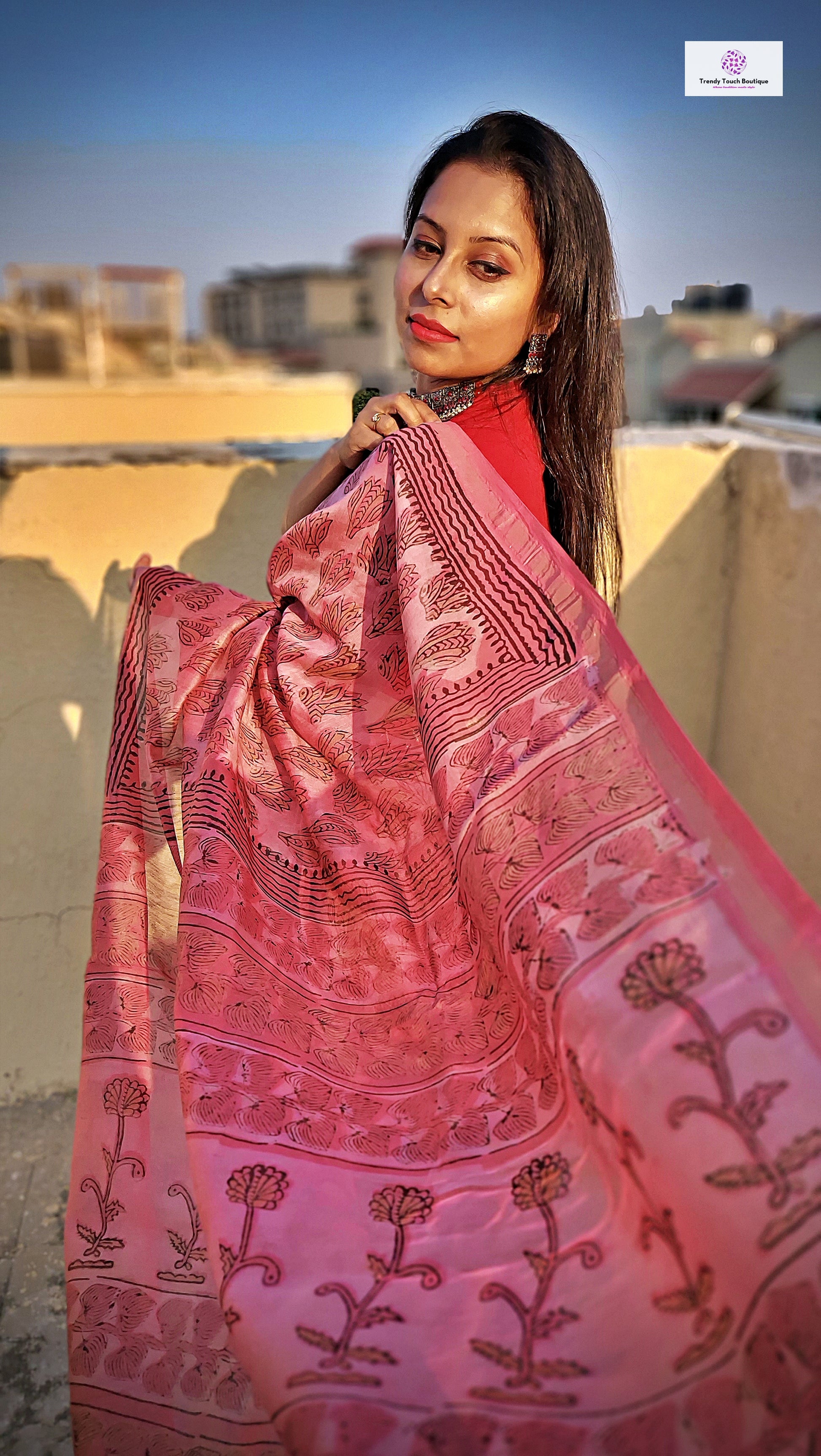 Handblock printed pink chanderi silk cotton daily wear saree for office at 2850/-