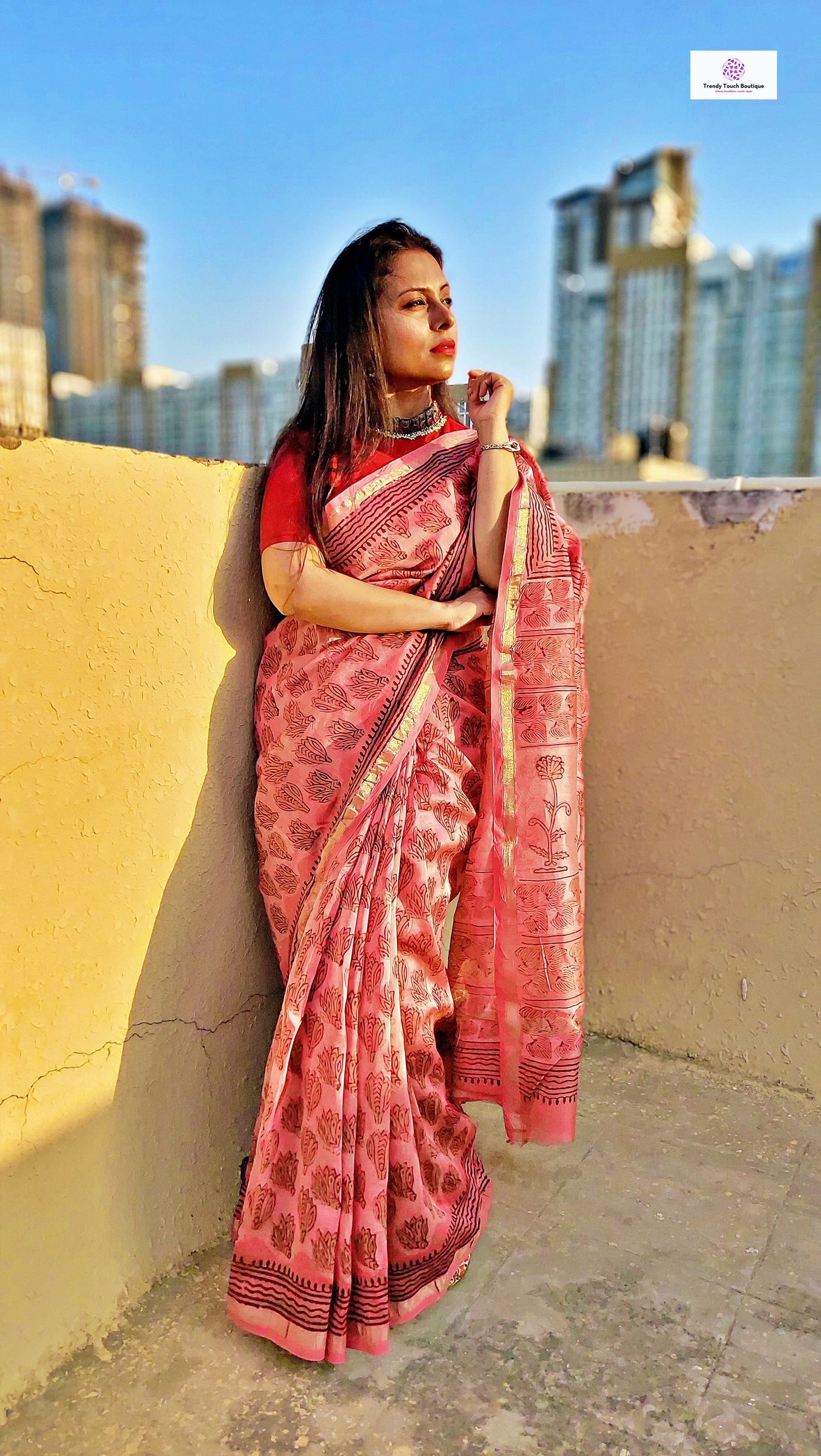 Handblock printed pink chanderi silk cotton daily wear saree for office