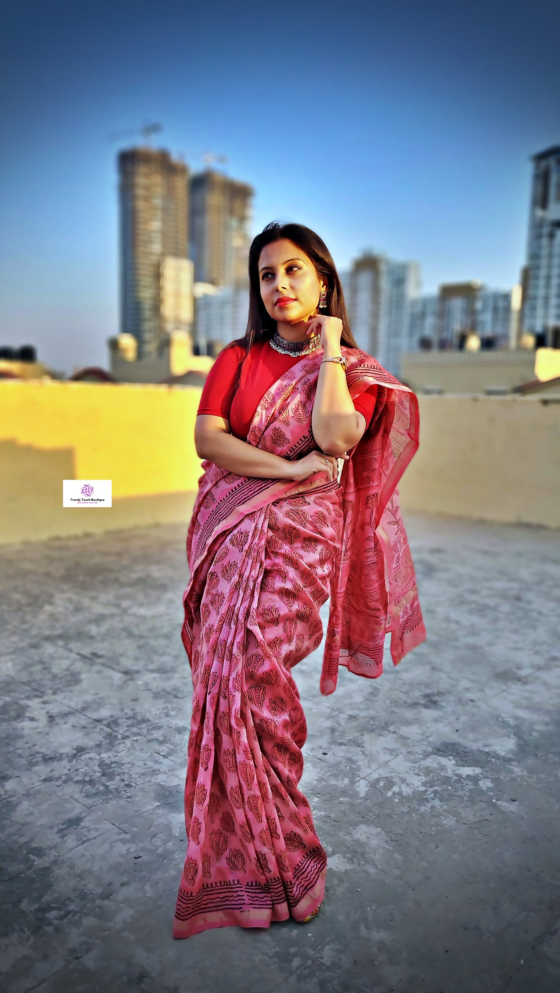 Handblock printed pink chanderi silk cotton daily wear saree for office in 2850