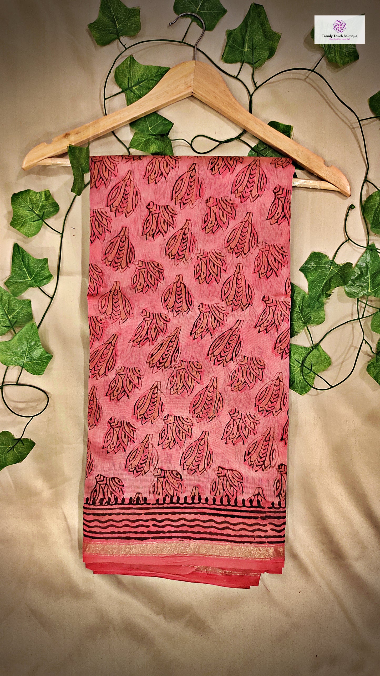 Handblock printed pink chanderi silk cotton daily wear saree for office