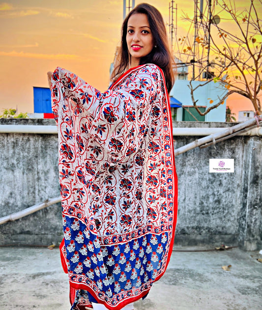 Mulcotton blue red white floral prints handblock print dupattas for everyday summer kurti pairing for office and college wardrobe needs, best price, summer sale!