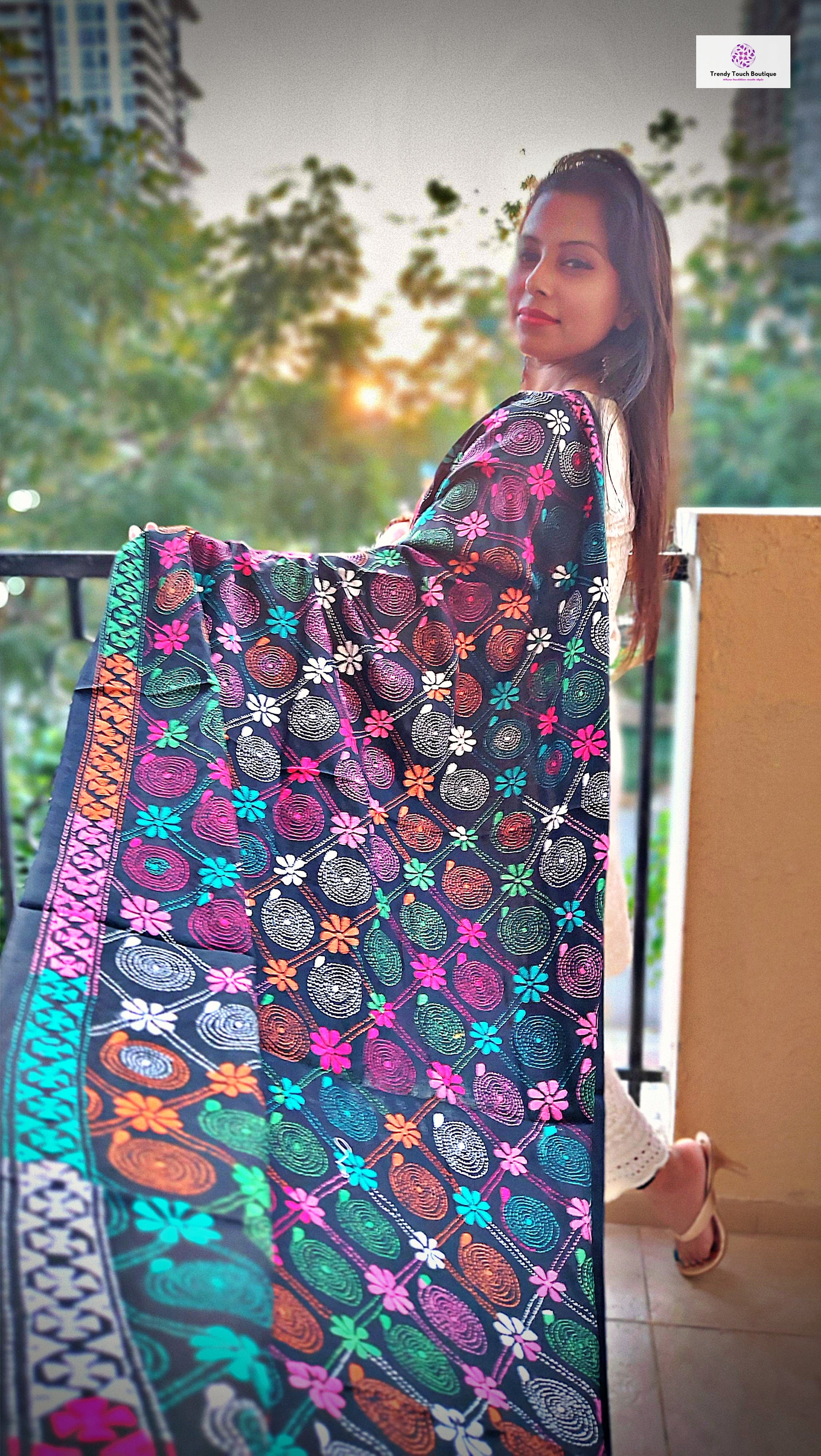 Buy latest designer Kantha embroidery on black cotton dupatta in India 