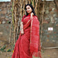 Hand block printed maroon Kota Doria saree with natural dyes, floral and paisley patterns, lightweight and skin-friendly.
