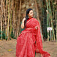 Hand block printed maroon Kota Doria saree with natural dyes, floral and paisley patterns, lightweight and skin-friendly.