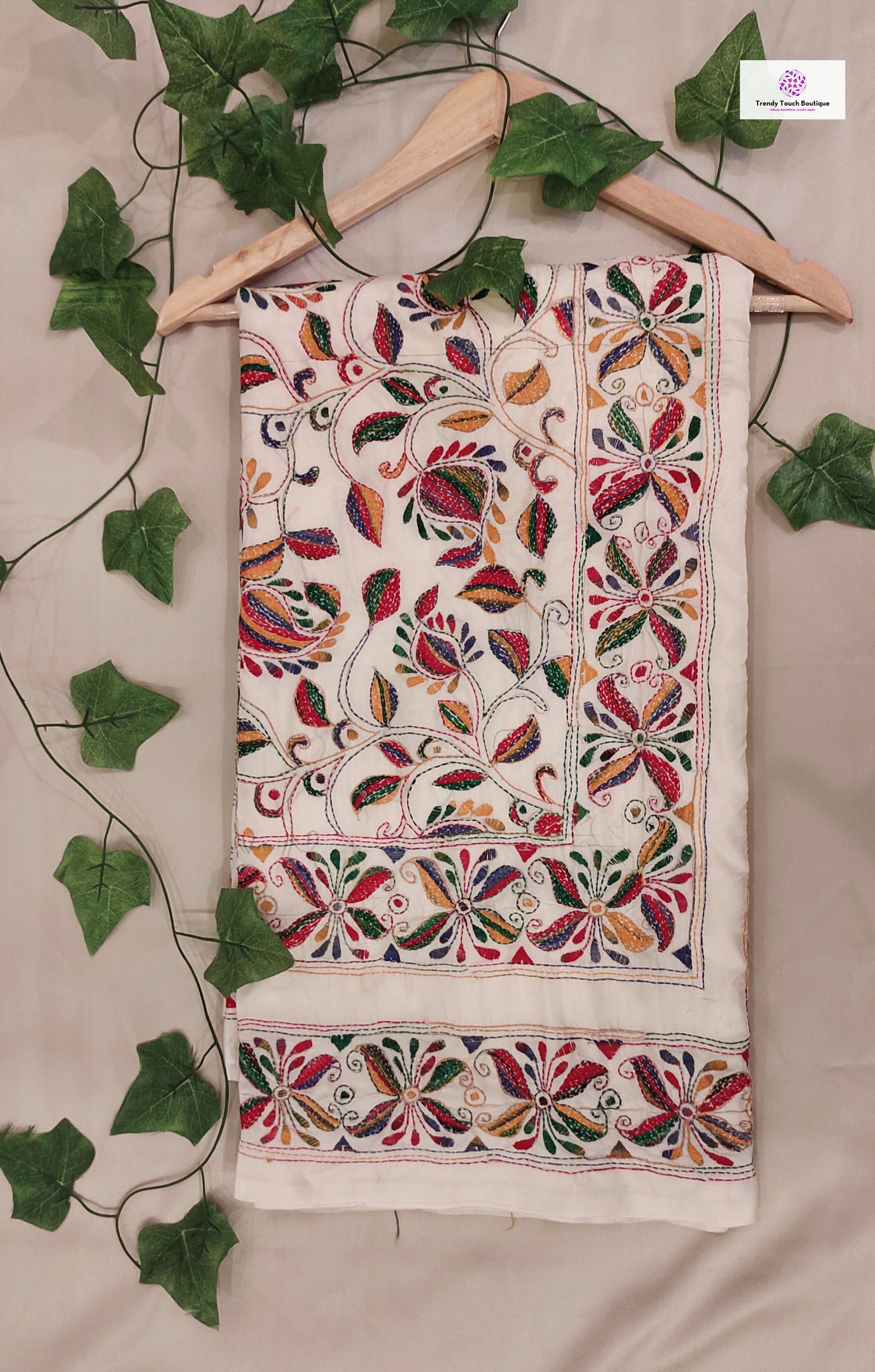 white kantha stitch hand embroidered designer silk saree multicolored party wear wedding season 