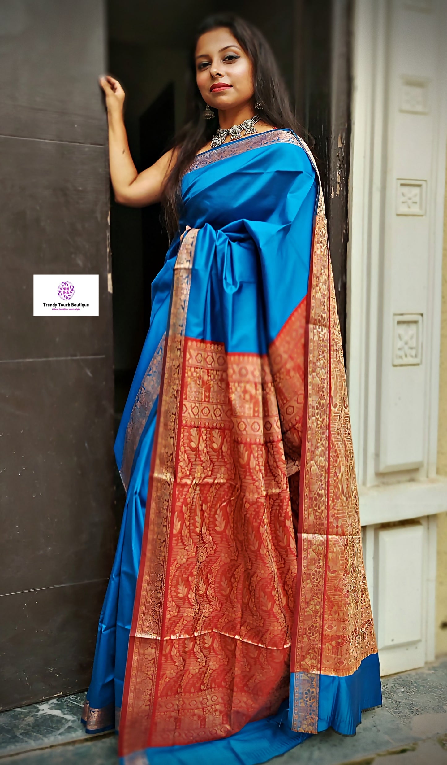 bridal lightweight sarees for gifting semi katan silk blue and red color perfect for bridal trousseau diwali gifts sarees for marriage wedding functions